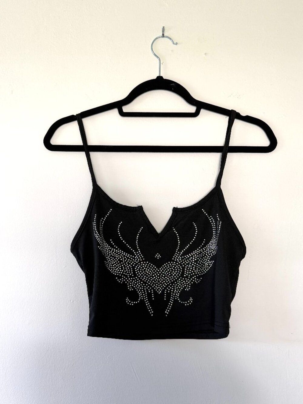 y2k black rhinestone angel wings heart crop top XS